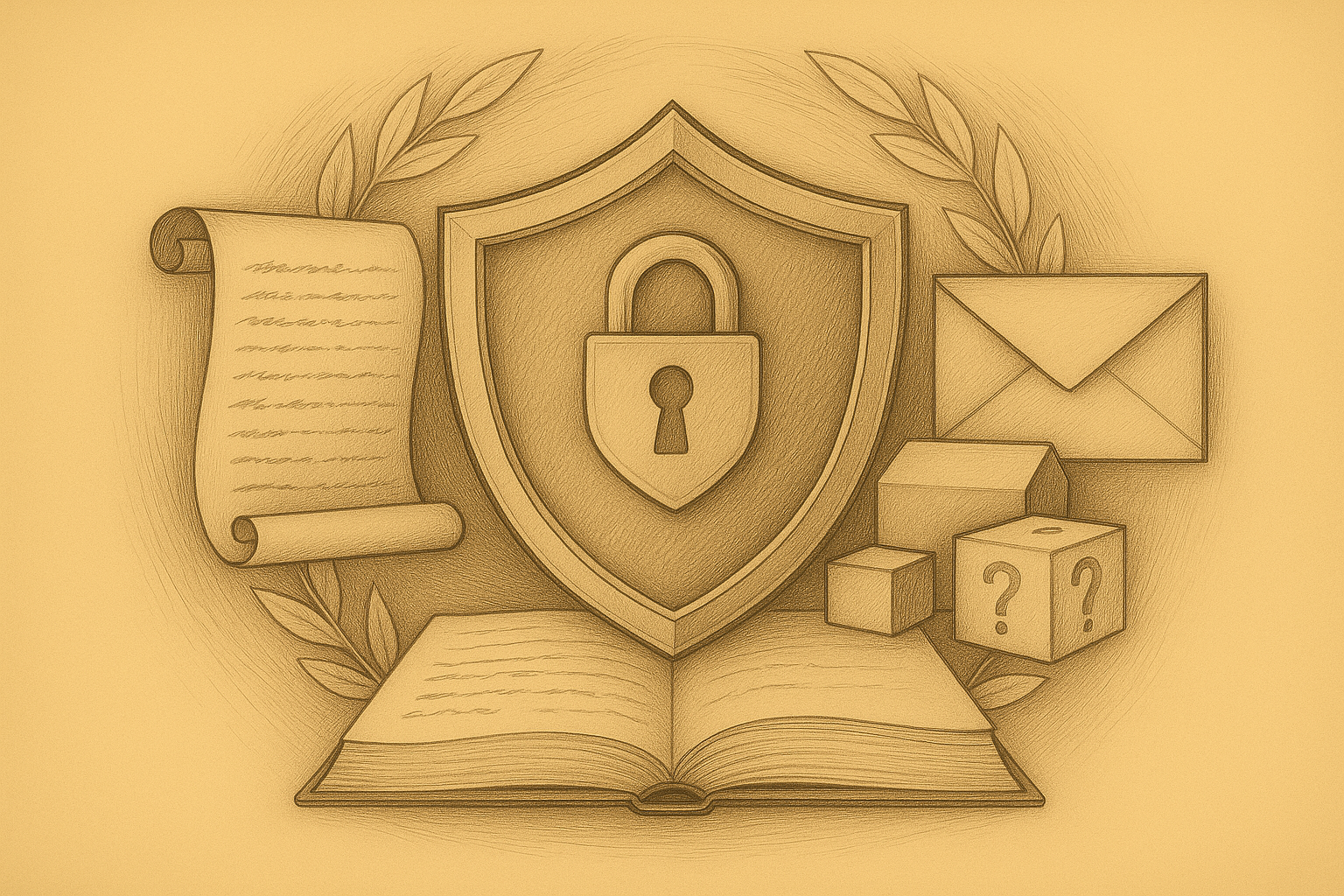 Privacy policy illustration with shield, lock, and legal documents representing data protection and security